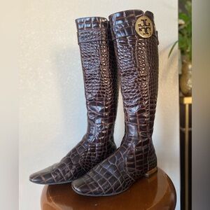 TORY BURCH - Dark Brown Crocodile Embossed Riding Boots – Size 7.5